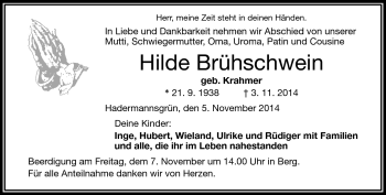 Traueranzeige von Hilde Brühschwein von Frankenpost