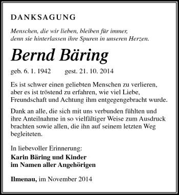 Traueranzeige von Bernd Bäring von Südthüringer Presse