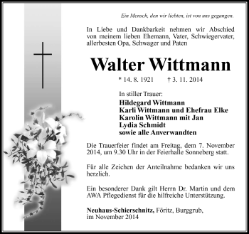Traueranzeige von Walter Wittmann von Südthüringer Presse