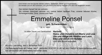 Traueranzeige von Emmeline Ponsel von Neue Presse Coburg