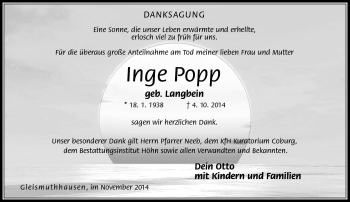Traueranzeige von Inge Popp von Neue Presse Coburg