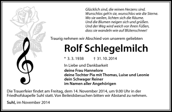 Traueranzeige von Rolf Schlegelmilch von Südthüringer Presse