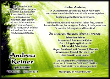 Traueranzeige von Andrea Keiner von Südthüringer Presse