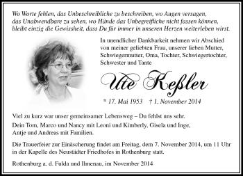 Traueranzeige von Ute Keßler von Südthüringer Presse