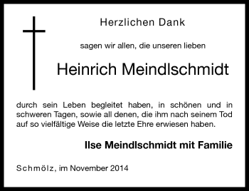 Traueranzeige von Heinrich Meindlschmidt von Neue Presse Coburg