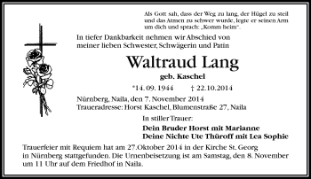 Traueranzeige von Waltraud Lang von Frankenpost