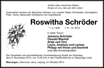 Traueranzeige von Roswitha Schröder von Südthüringer Presse