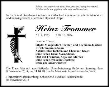 Traueranzeige von Heinz Trommer von Südthüringer Presse
