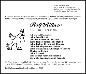 Traueranzeige von Rolf Hillner von Südthüringer Presse