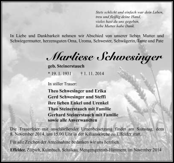 Traueranzeige von Marliese Schwesinger von Südthüringer Presse