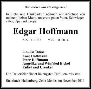 Traueranzeige von Edgar Hoffmann von Südthüringer Presse