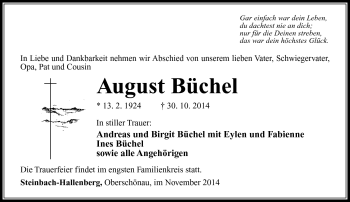 Traueranzeige von August Büchel von Südthüringer Presse