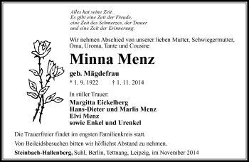 Traueranzeige von Minna Menz von Südthüringer Presse