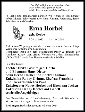 Traueranzeige von Erna Horbel von Südthüringer Presse