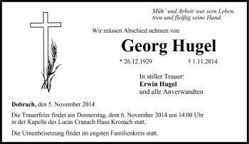 Traueranzeige von Georg Hugel von Neue Presse Coburg