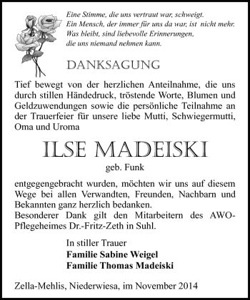 Traueranzeige von Ilse Madeiski von Südthüringer Presse
