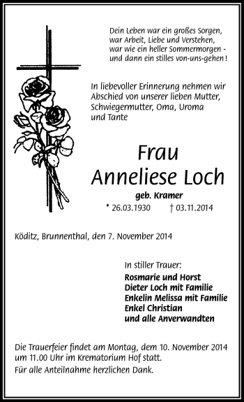 Traueranzeige von Anneliese Loch von Frankenpost
