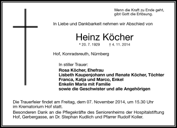 Traueranzeige von Heinz Köcher von Frankenpost