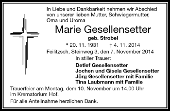 Traueranzeige von Marie Gesellensetter von Frankenpost