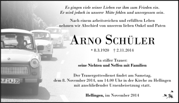 Traueranzeige von Arno Schüler von Südthüringer Presse