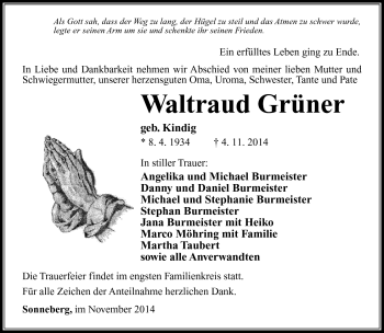 Traueranzeige von Waltraud Grüner von Südthüringer Presse