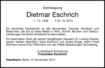 Traueranzeige von Dietmar Eschrich von Südthüringer Presse