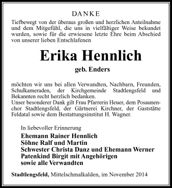Traueranzeige von Erika Hennlein von Südthüringer Presse