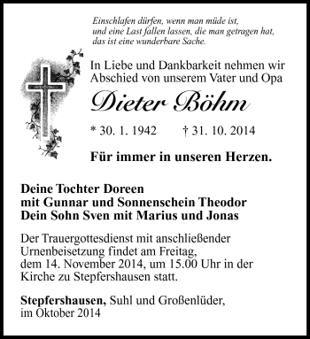 Traueranzeige von Dieter Böhm von Südthüringer Presse