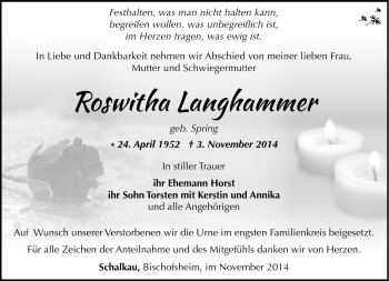Traueranzeige von roswitha Langhammer von Südthüringer Presse