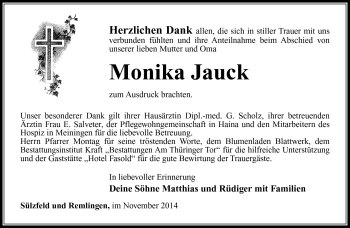 Traueranzeige von Monika Jauck von Südthüringer Presse