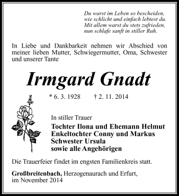Traueranzeige von Irmgard Gnadt von Südthüringer Presse