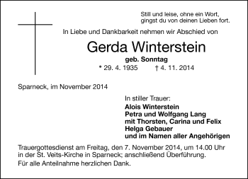 Traueranzeige von Gerda Winterstein von Frankenpost