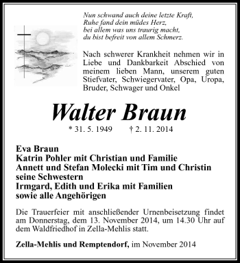 Traueranzeige von Walter Braun von Südthüringer Presse