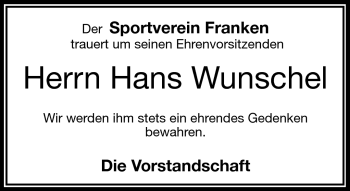 Traueranzeige von Hans Wunschel von Frankenpost