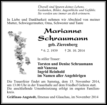 Traueranzeige von Marianne Schraumann von Südthüringer Presse