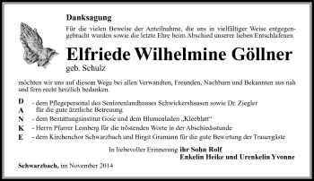 Traueranzeige von Elfriede Wilhelmine Göllner von Südthüringer Presse