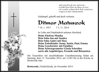 Traueranzeige von Ditmar Matuszok von Südthüringer Presse