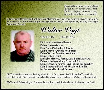 Traueranzeige von Walter Vogt von Südthüringer Presse