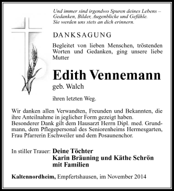 Traueranzeige von Edith Vennemann von Südthüringer Presse