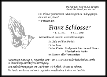 Traueranzeige von Franz Schlosser von Frankenpost