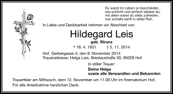 Traueranzeige von Hildegard Leis von Frankenpost