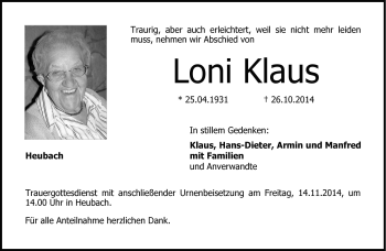 Traueranzeige von Loni Klaus von Neue Presse Coburg
