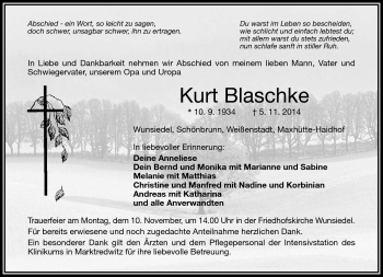 Traueranzeige von Kurt Blaschke von Frankenpost