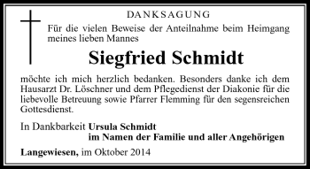 Traueranzeige von Siegfried Schmidt von Südthüringer Presse
