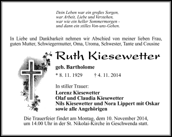 Traueranzeige von Ruth Kiesewetter von Südthüringer Presse