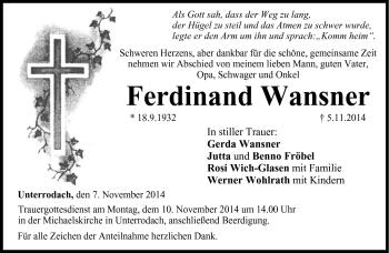 Traueranzeige von Ferdinand Wansner von Neue Presse Coburg