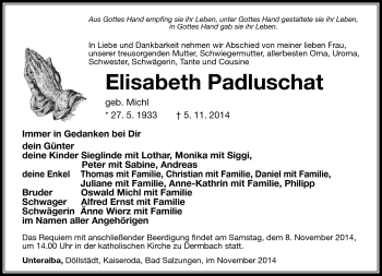 Traueranzeige von Elisabeth Padluschat von Südthüringer Presse