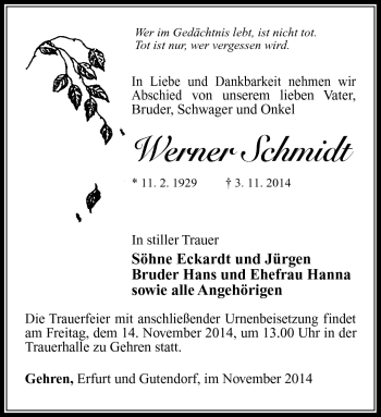 Traueranzeige von WErner Schmidt von Südthüringer Presse