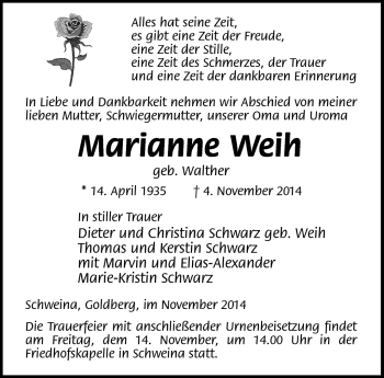 Traueranzeige von Marianne Weih von Südthüringer Presse