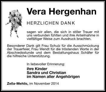 Traueranzeige von Vera Hergenhan von Südthüringer Presse